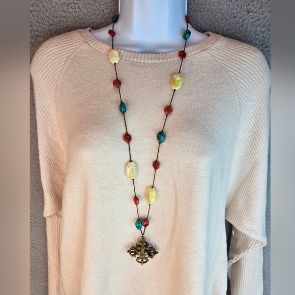 Vintage Turquoise,lemon Jasper & Red Quartz Bronze Pendant Necklace Hand Knotted - Picture 11 of 11